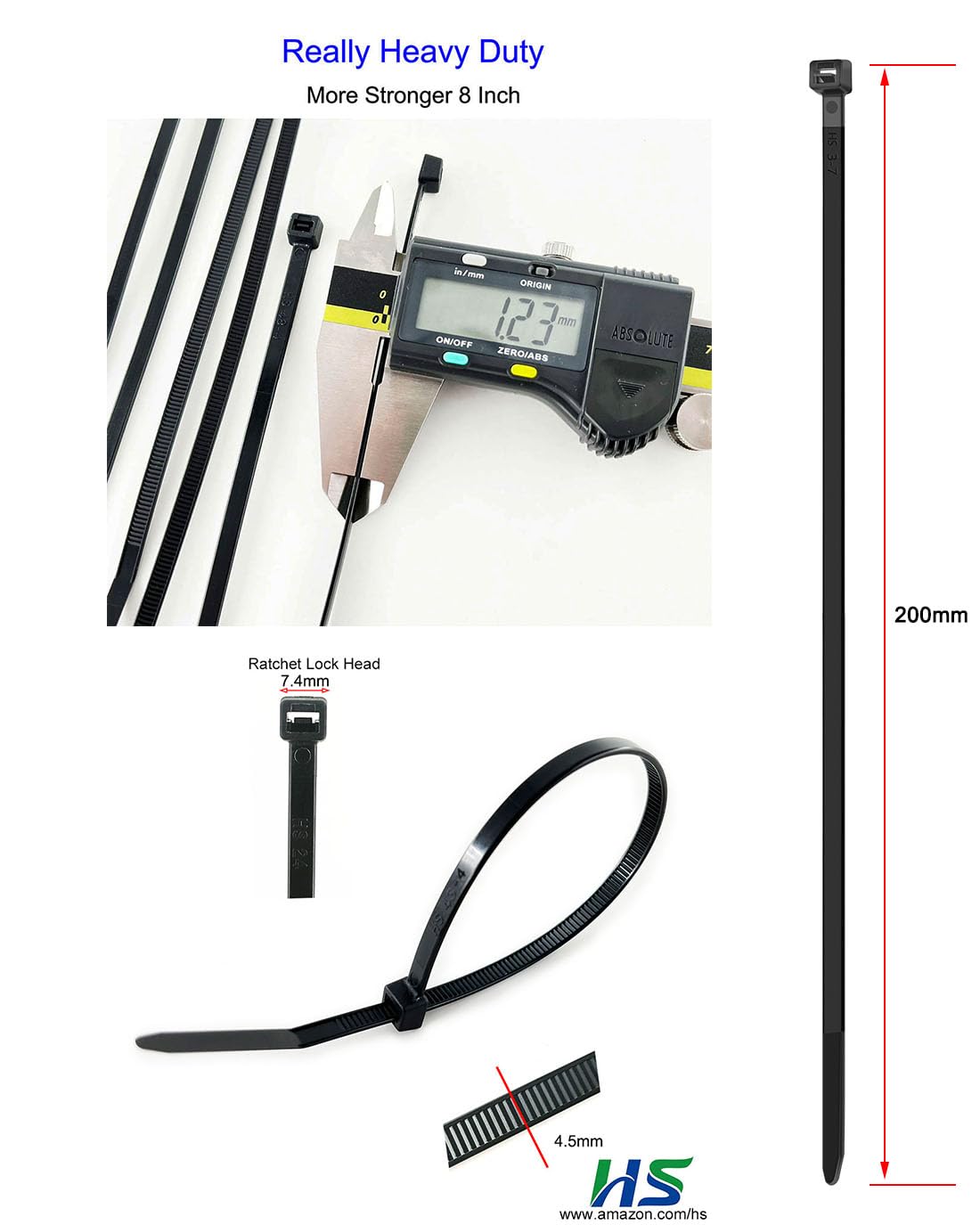 HS heavy-duty 50 lb self-locking zip ties 8 inch for automotive tasks