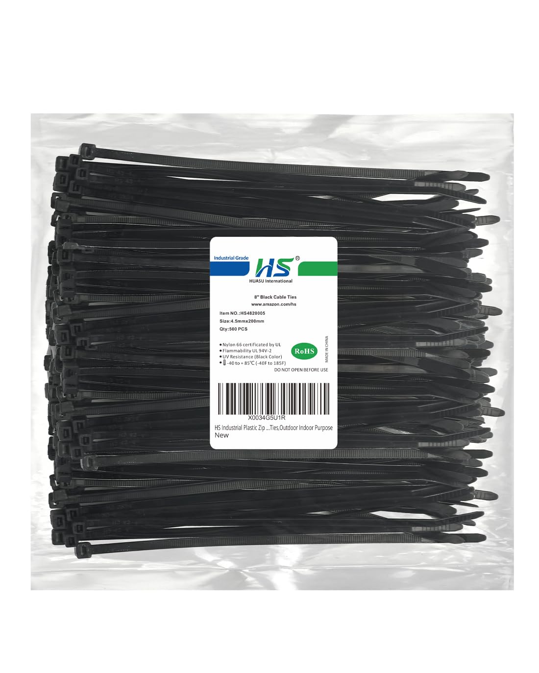 HS thick zip ties 8 inch UV black 500pc for durable outdoor mounting