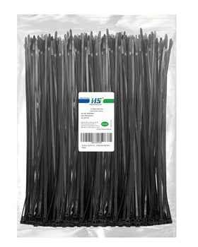 HS black zip ties front packaging showing 500 count and durable brand benefit