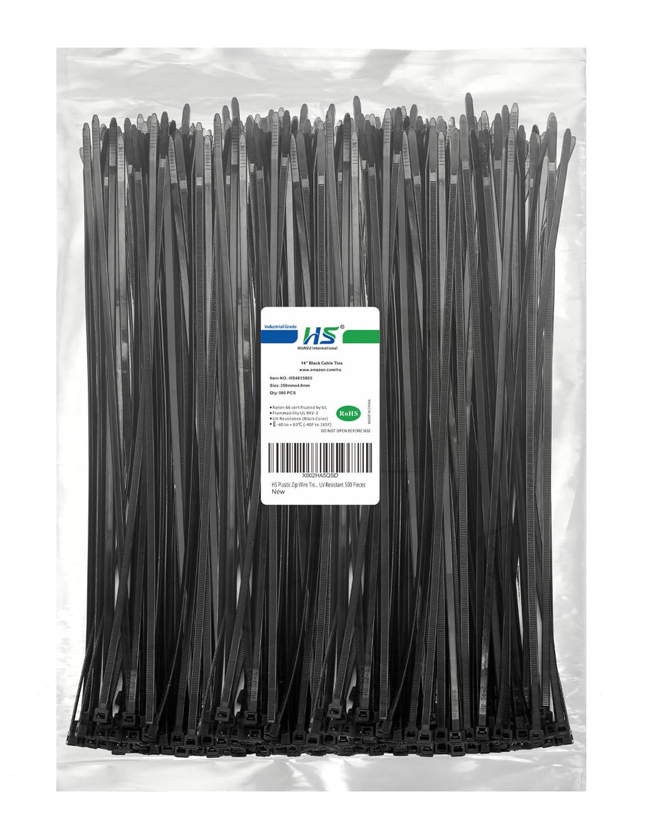 HS black zip ties front packaging showing 500 count and durable brand benefit