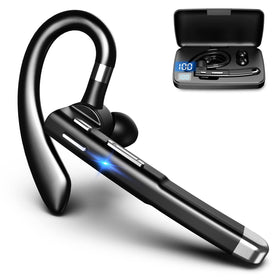 Hsility Bluetooth headset with charging case and LED display showing battery status.