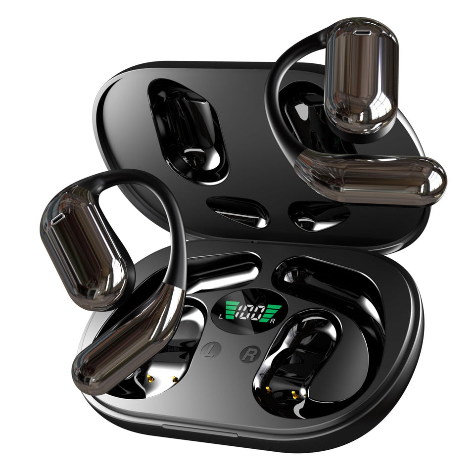 Hsility front view of earbuds showing sleek profile and secure fit benefit