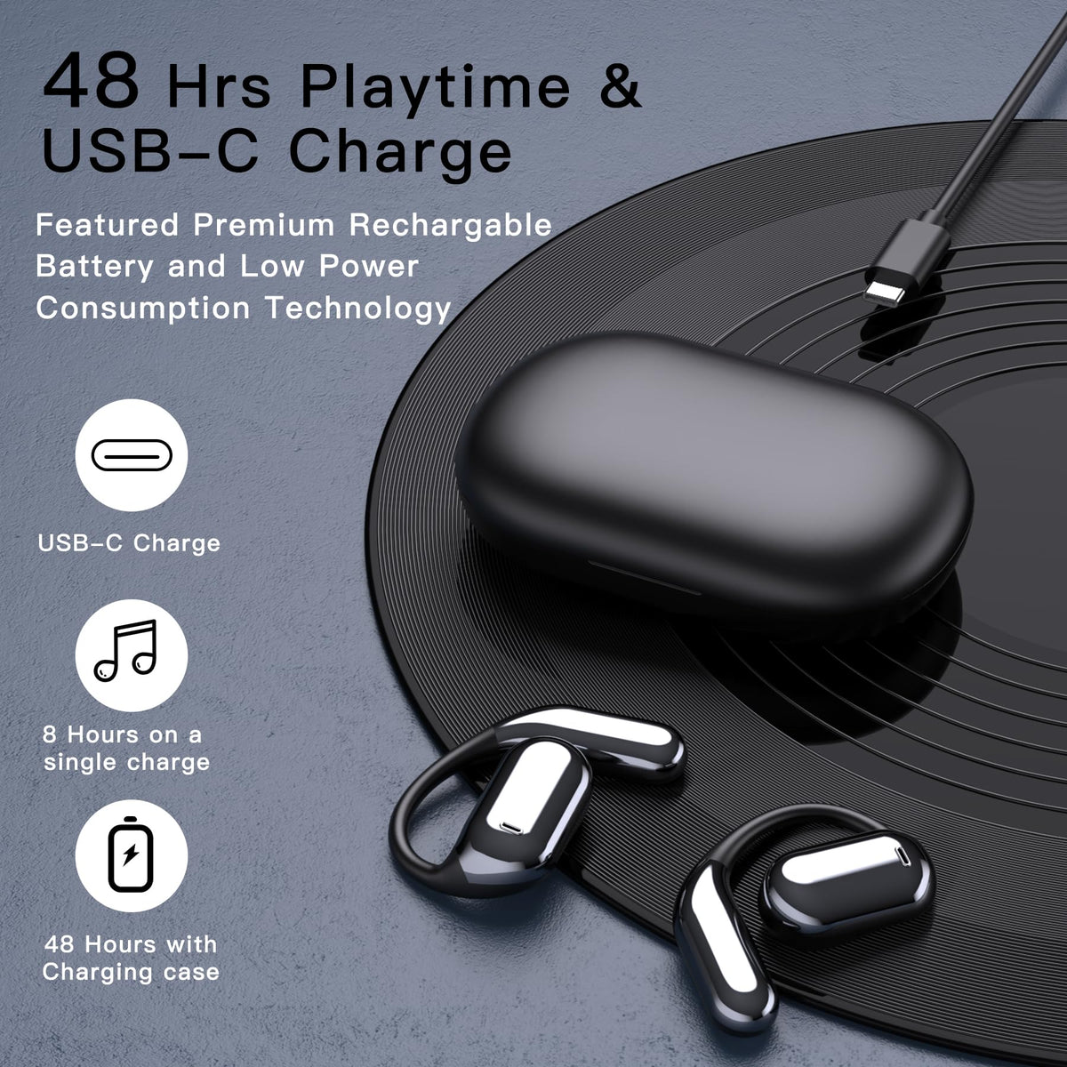 Hsility earbuds next to a phone showing compact size and easy portability
