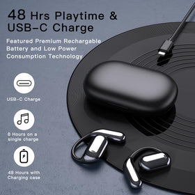 Hsility earbuds next to a phone showing compact size and easy portability