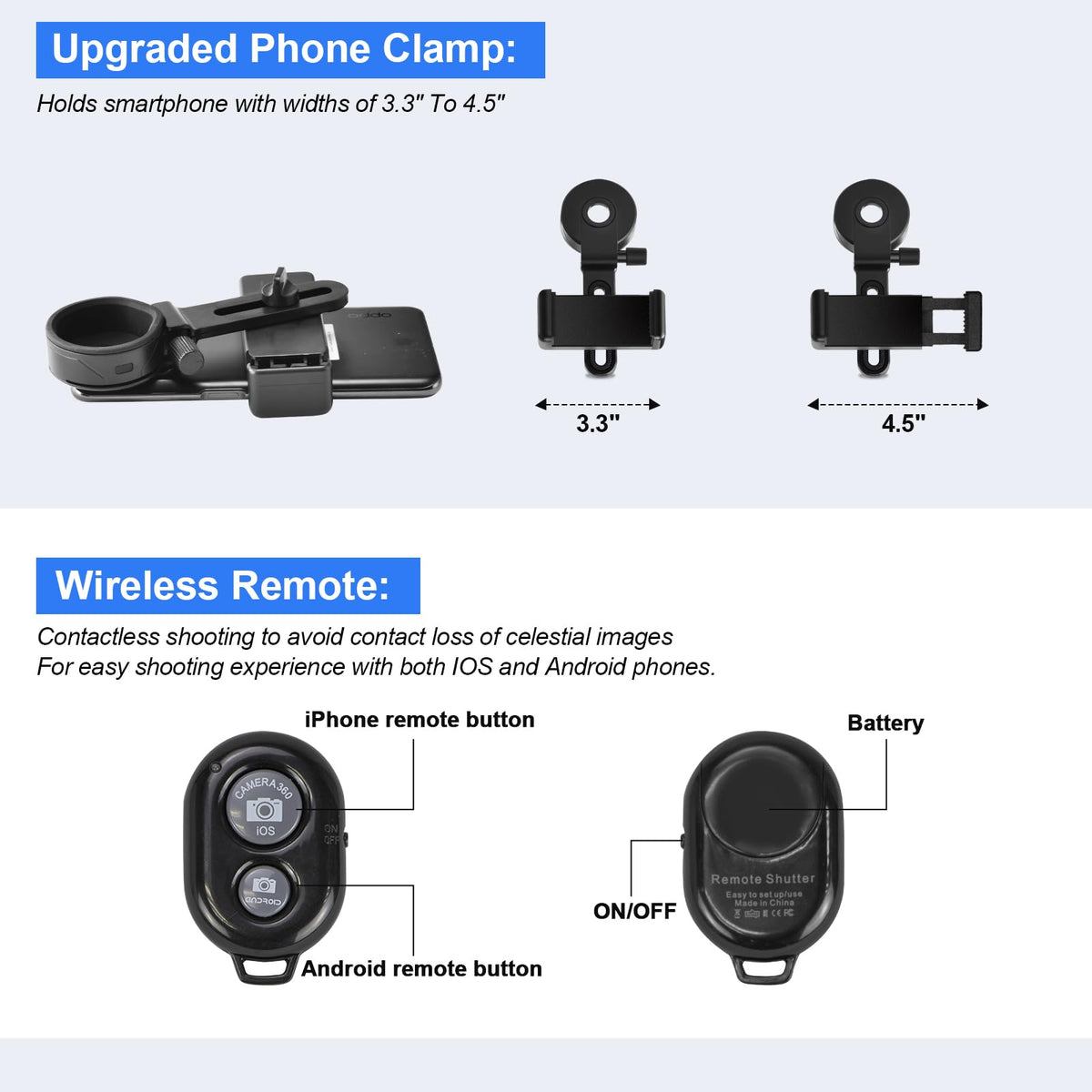 HSL 150EQ adjustable cell phone holder for quick astrophotography.