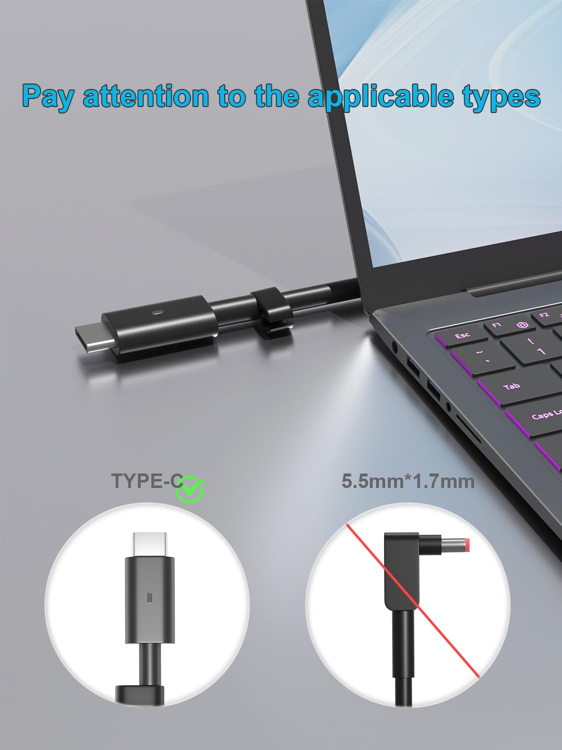 HSXIRQA charger side view with USB-C port ready to plug in