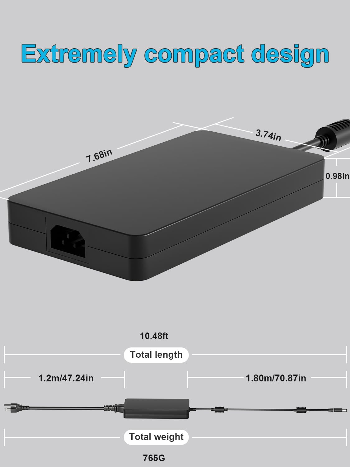 HSXIRQA 240W adapter compact travel-ready design fits in bags.