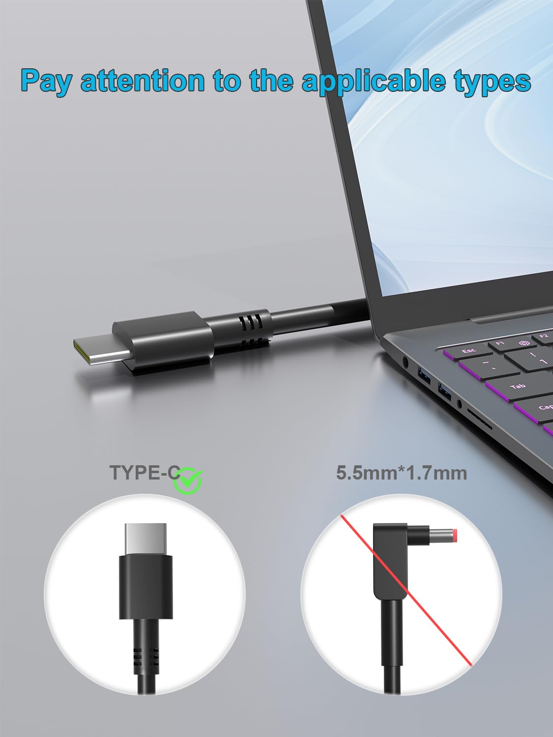 HSXIRQA 65W USB-C charger side ports for versatile IdeaPad charging.