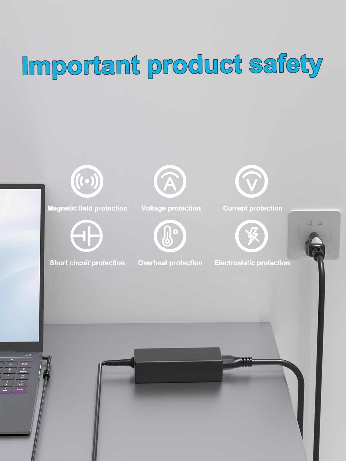 HSXIRQA charger plugged into Acer laptop on desk demonstrating steady power delivery