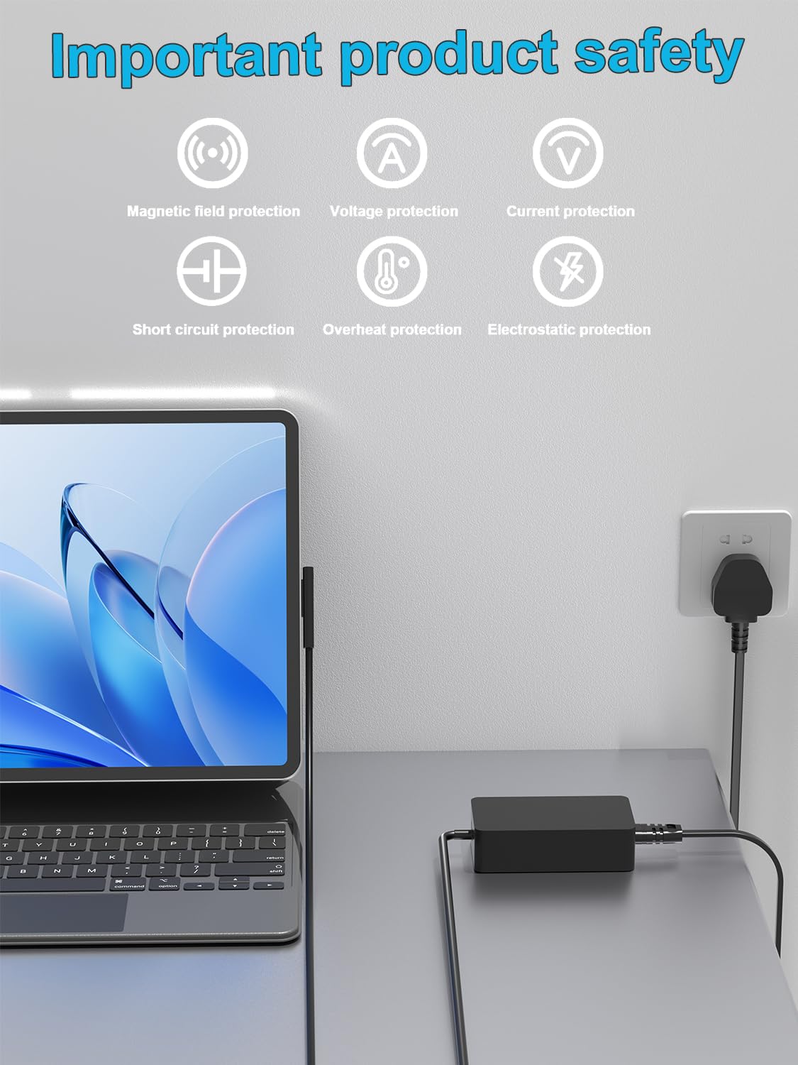 HSXIRQA charger plugged into Surface laptop demonstrating stable fast charging