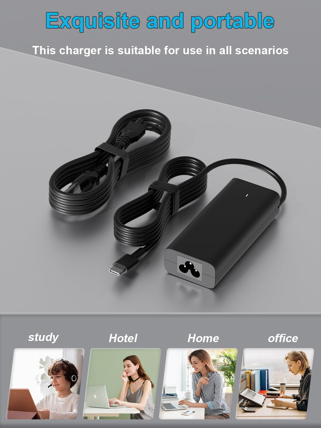 HSXIRQA charger in travel bag with laptop, compact and travel-ready