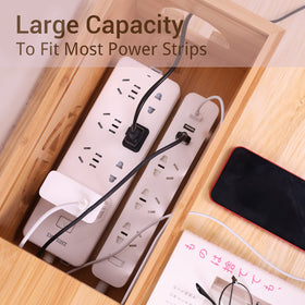 HTB bamboo cable box open lid demonstrates easy access to power strips and chargers