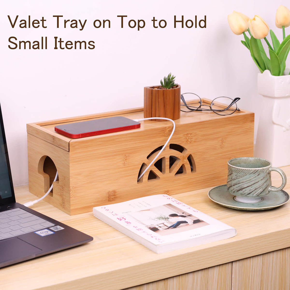 HTB bamboo cable box stores power strips and chargers out of sight for neatness