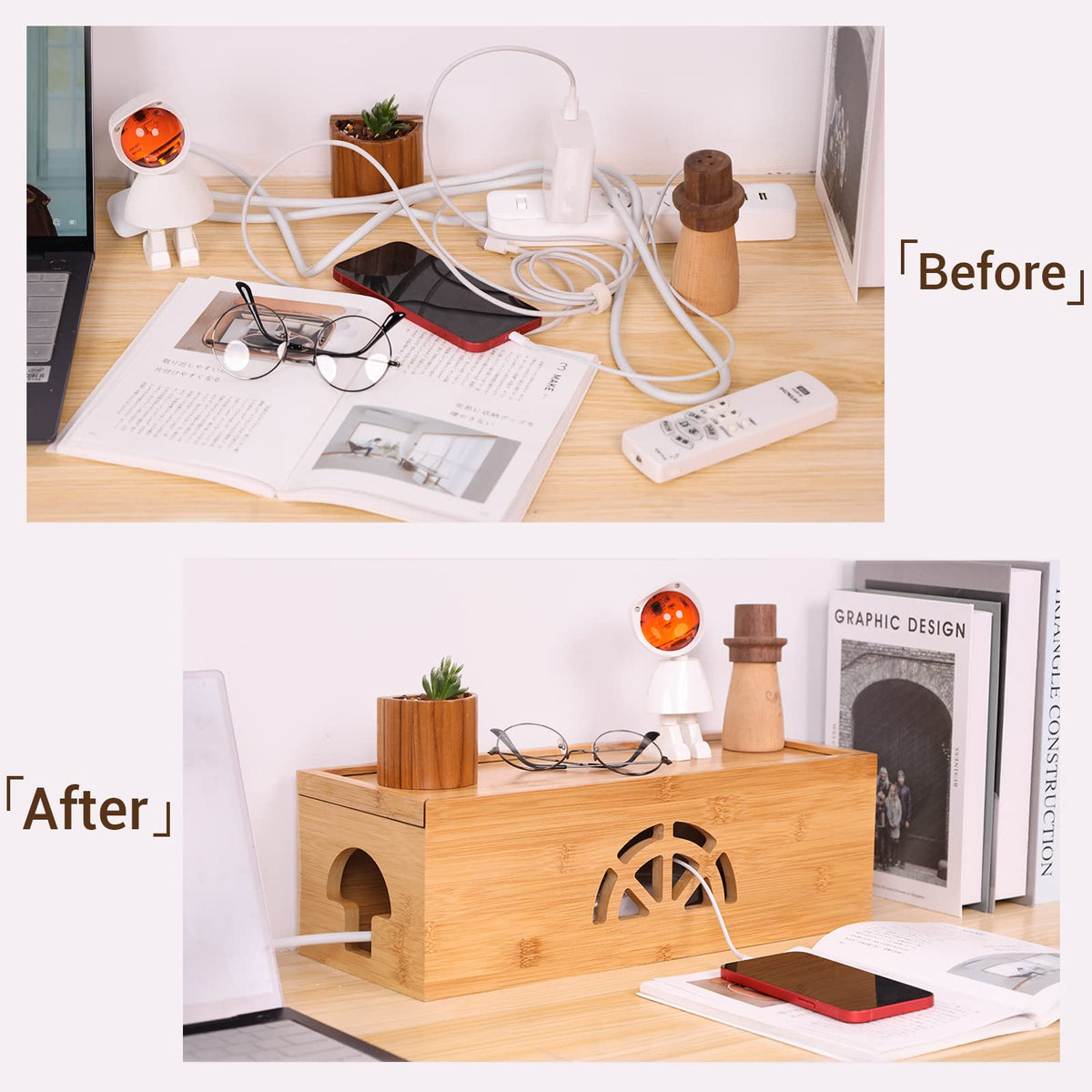 HTB bamboo cable management box front view shows organized wires and clean desk aesthetics