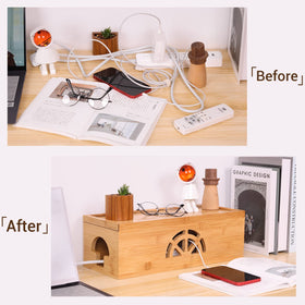 HTB bamboo cable management box front view shows organized wires and clean desk aesthetics