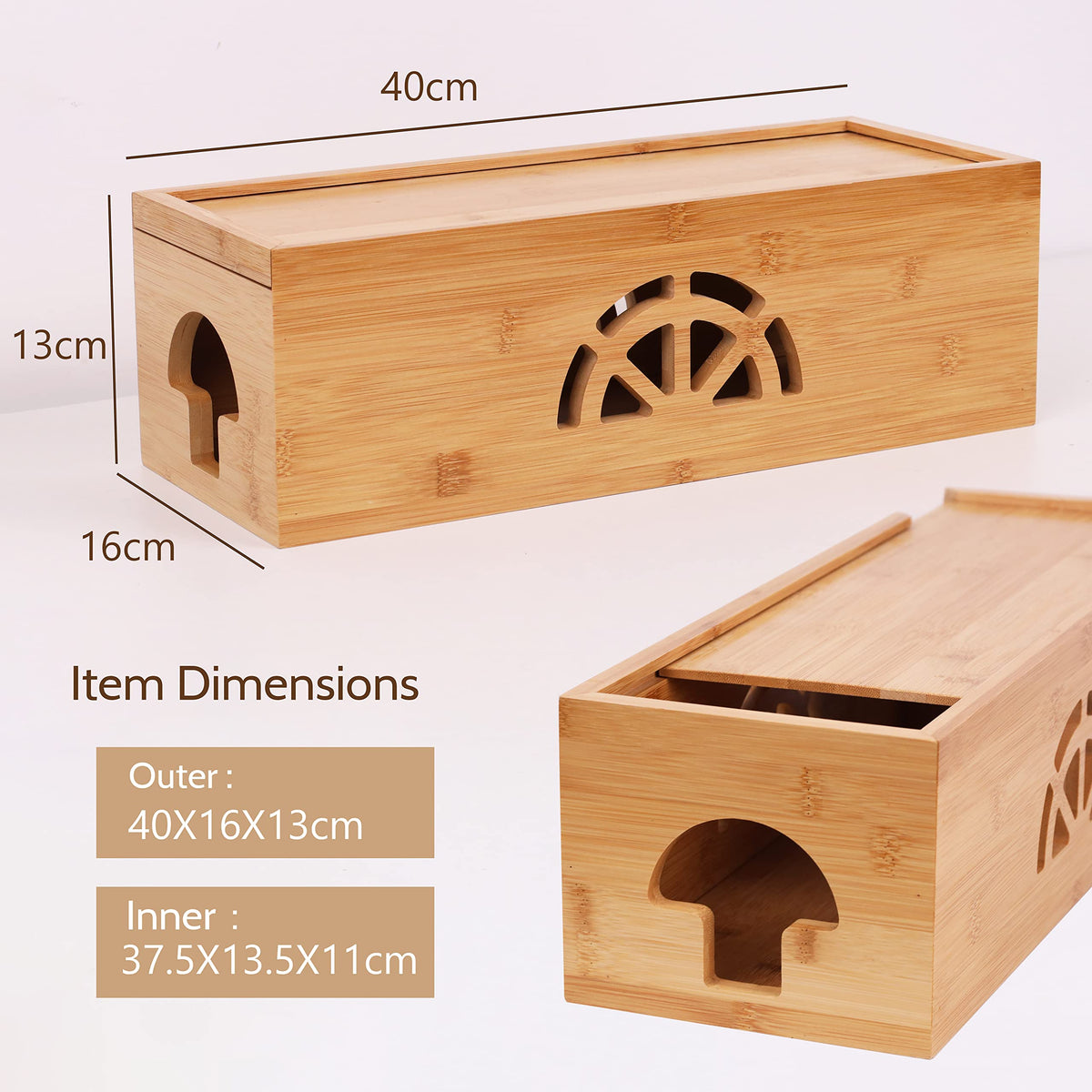 HTB dimensioned bamboo cable box 15-7-6-3-5-1 inches fits multiple power boards