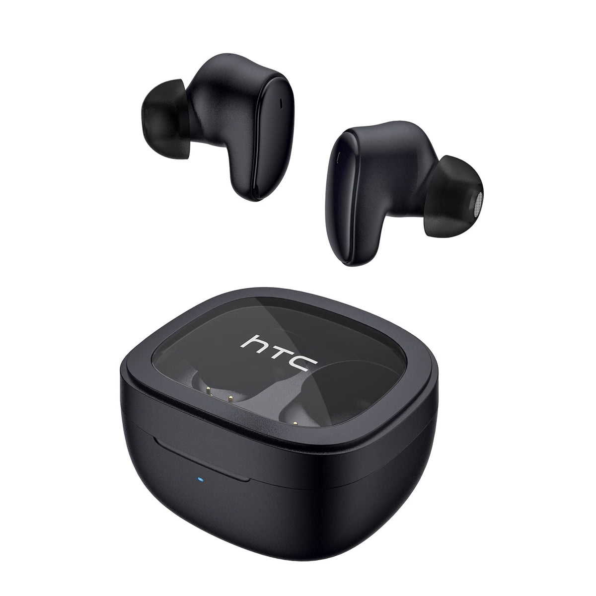 HTC True Wireless Earbuds with transparent case showing real-time charging status.
