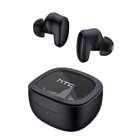 HTC True Wireless Earbuds with transparent case showing real-time charging status.