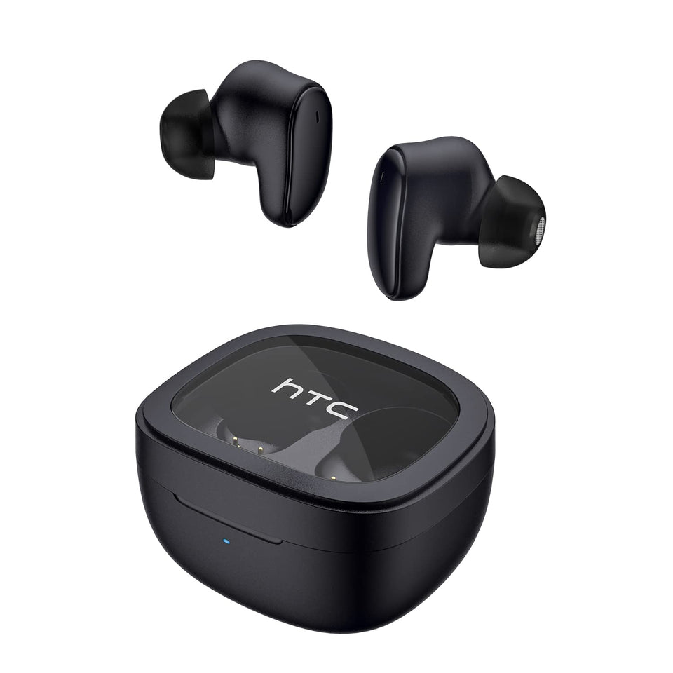 HTC True Wireless Earbuds with transparent case showing real-time charging status.