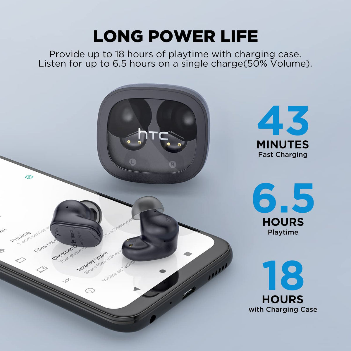 HTC Earbuds wireless charging compatible with MagSafe and other pads.