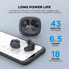 HTC Earbuds wireless charging compatible with MagSafe and other pads.