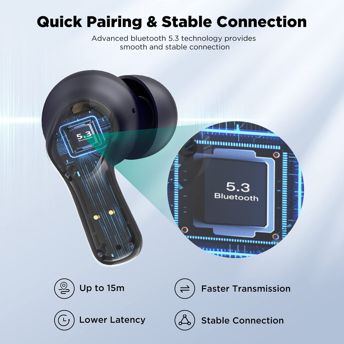 HTC Wireless Earbuds with Bluetooth 5.3 delivers fast pairing and stable connections.