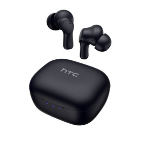 HTC Wireless Earbuds case-open view highlighting portable charging.