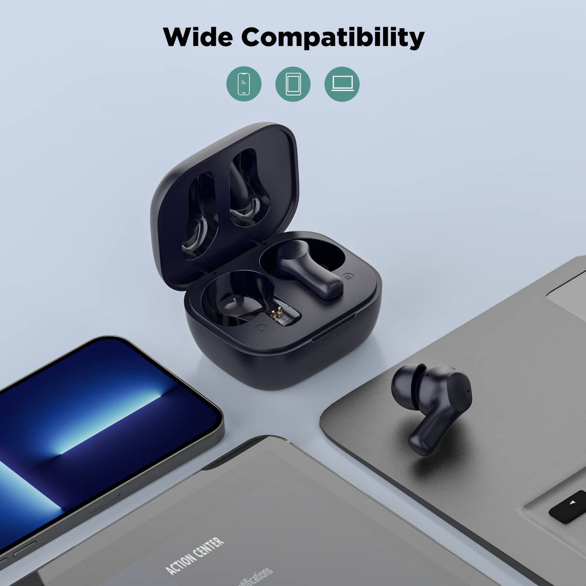 HTC Wireless Earbuds compact charging case extends listening time.