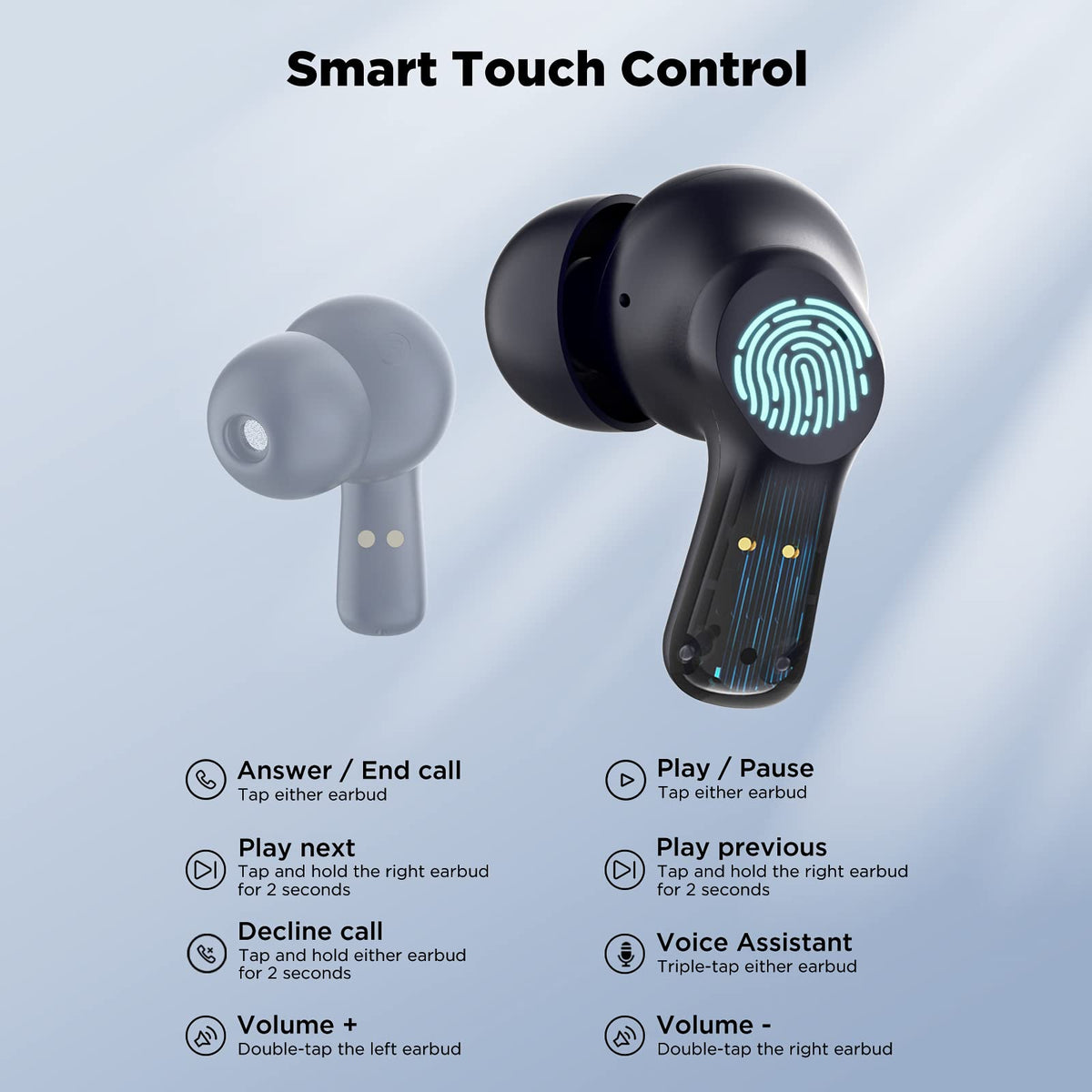 HTC Wireless Earbuds ENC captures noise profile to improve call clarity.