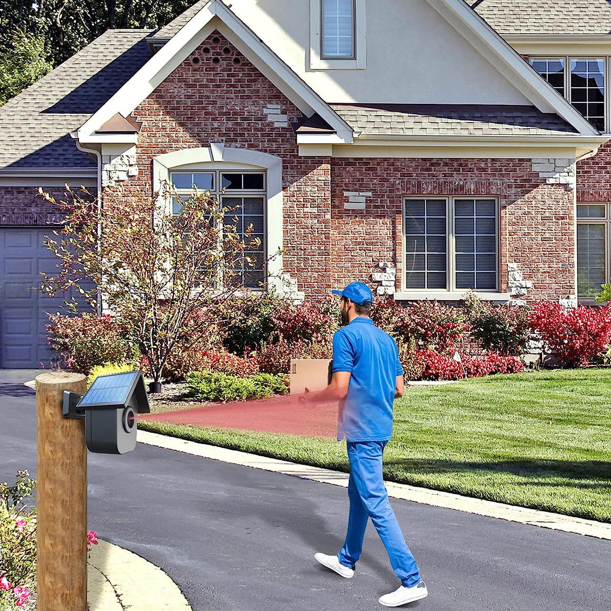 HTZSAFE sensor mounted on a post monitoring a driveway to extend alarm coverage