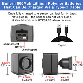 HTZSAFE motion sensor with rechargeable battery and belt clip for quick, easy installation.