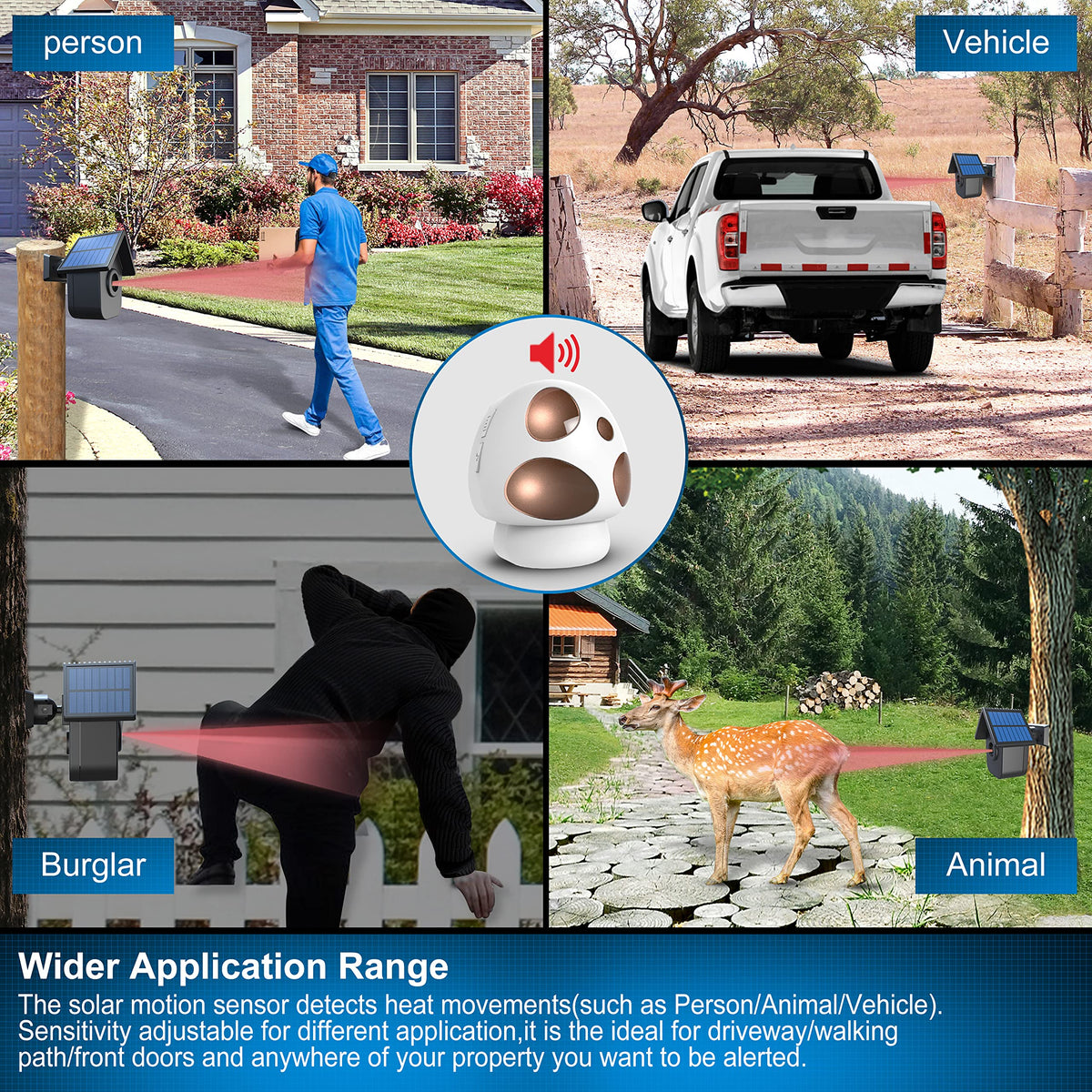 HTZSAFE sensor mounted on a fence post overlooking a driveway, extended perimeter coverage