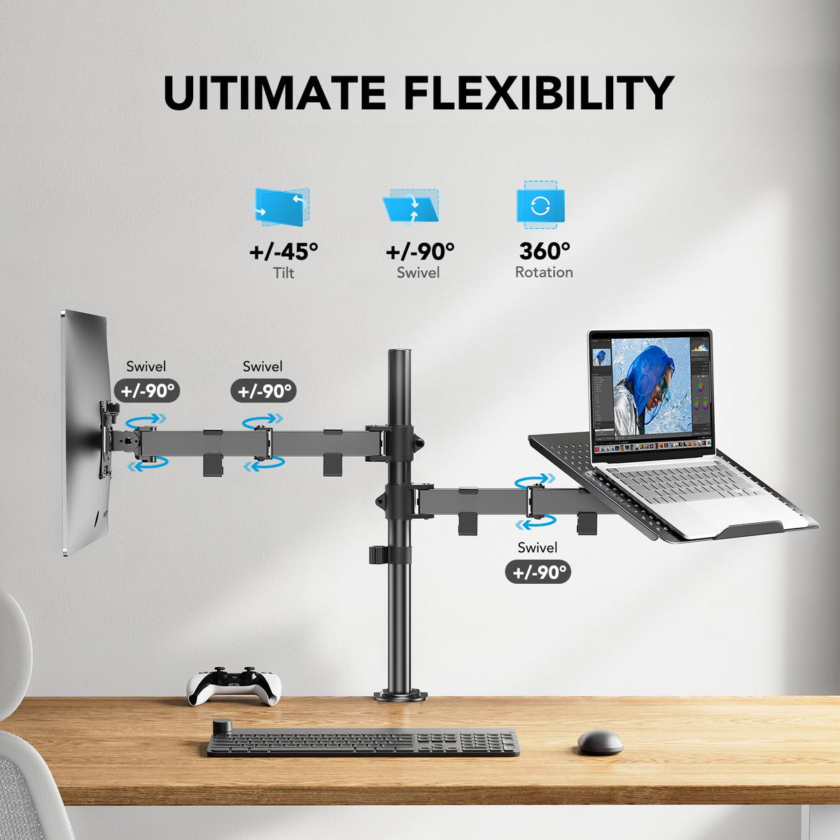 HUANUO mounted 32-inch monitor and laptop demonstrating ergonomic placement