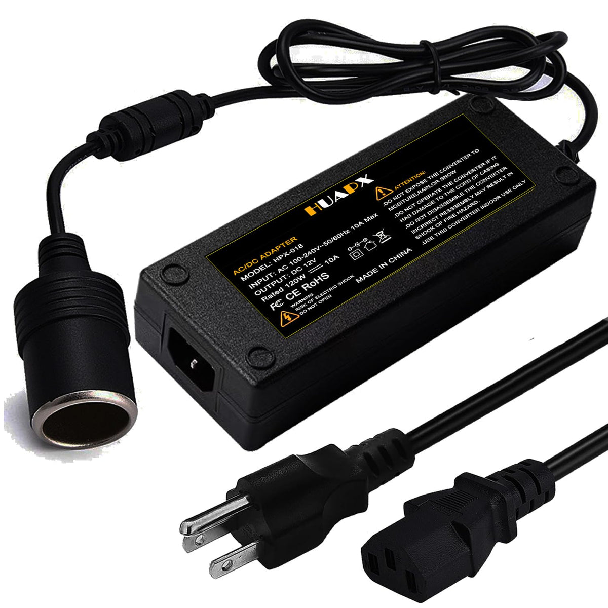 HUAPX 120W AC/DC converter, top view, powers 12V car devices on the go.