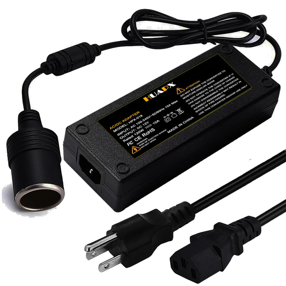 HUAPX 120W AC/DC converter, top view, powers 12V car devices on the go.