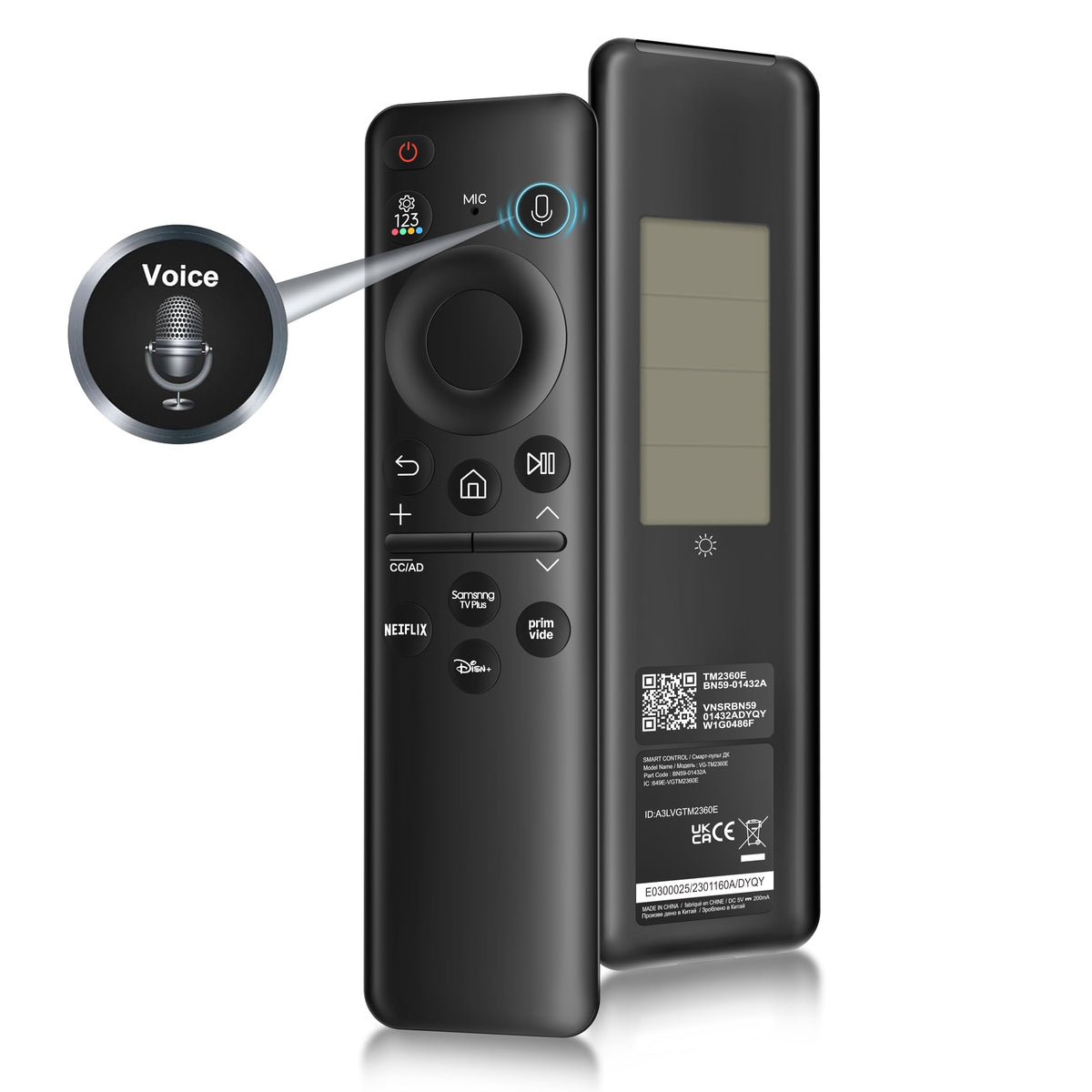 HUAYU BN59-01432A solar remote front view showing rechargeable design for Samsung TVs