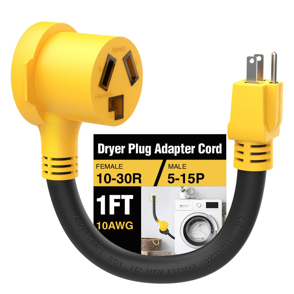 HUBRV renters friendly NEMA5-15P to 10-30R dryer adapter, 12-inch cord for 120V devices