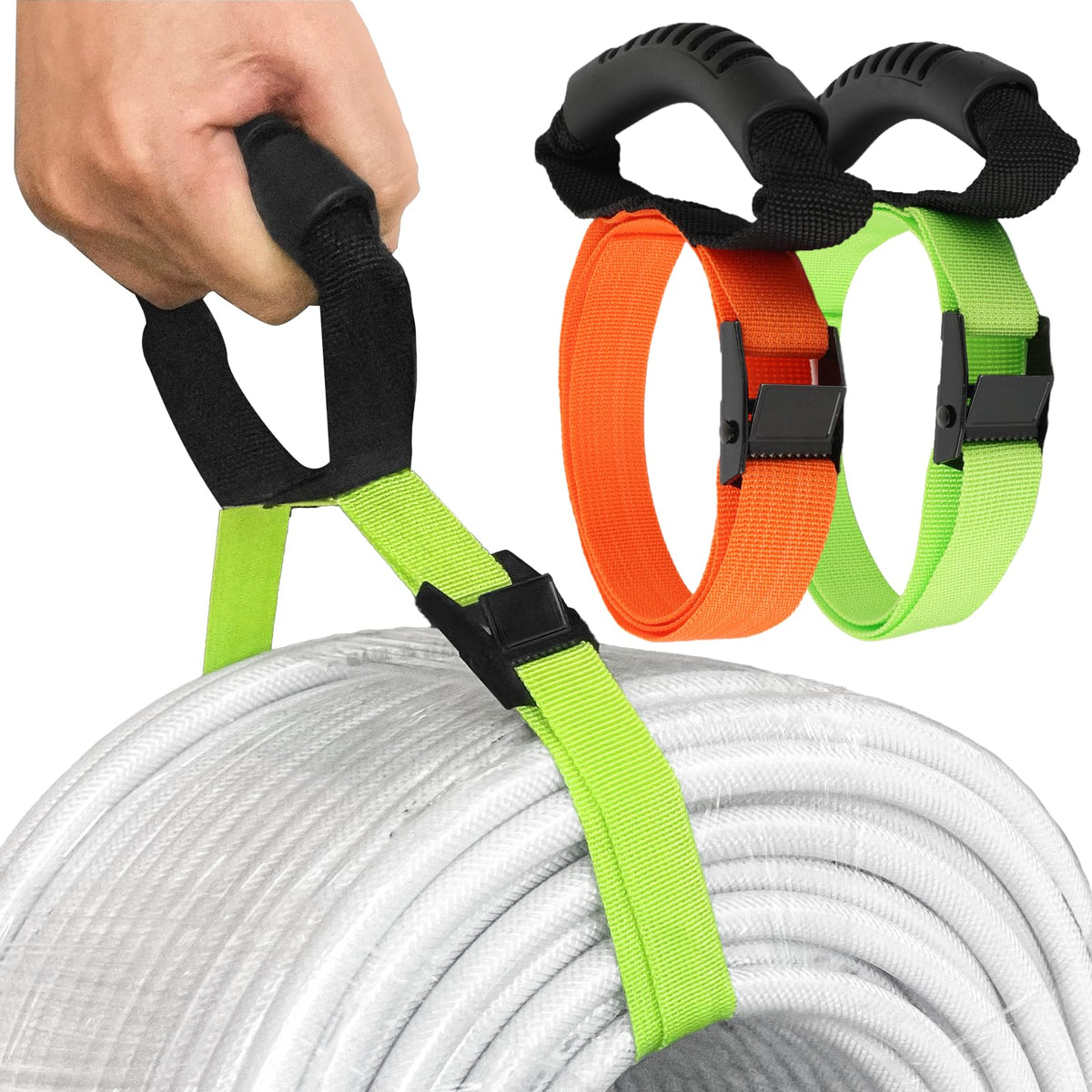 HUDLL front view of two-pack straps showing handles and colors for easy transport
