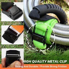 HUDLL strap holding a coiled garden hose showing tidy storage and portability