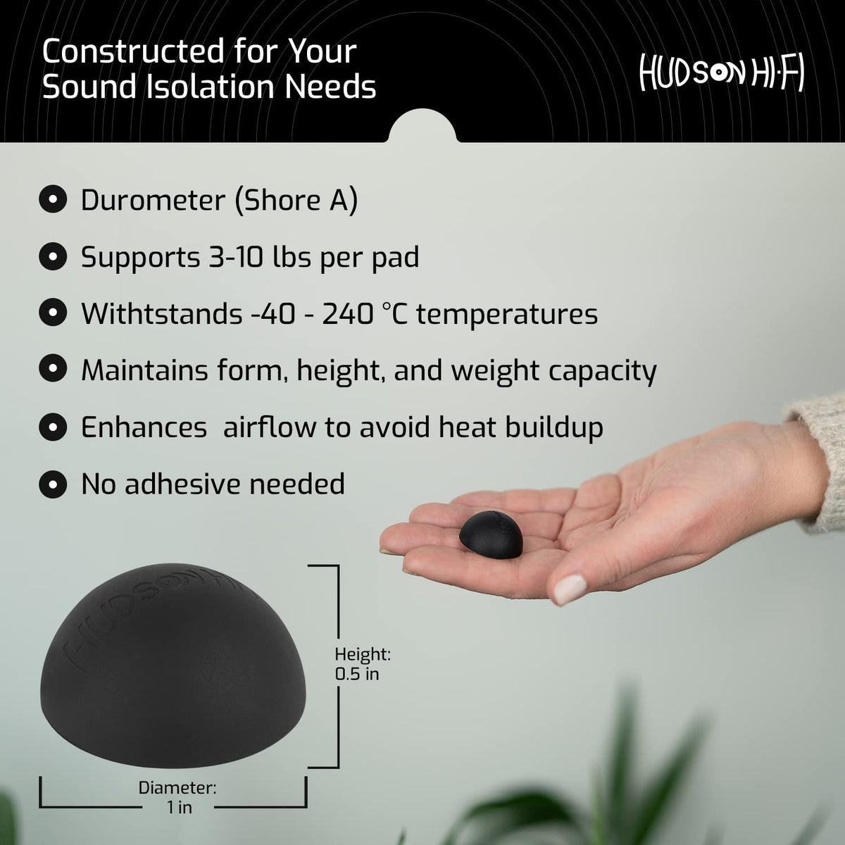 Hudson Hi-Fi adhesive isolation feet on a desktop amplifier prevent movement.