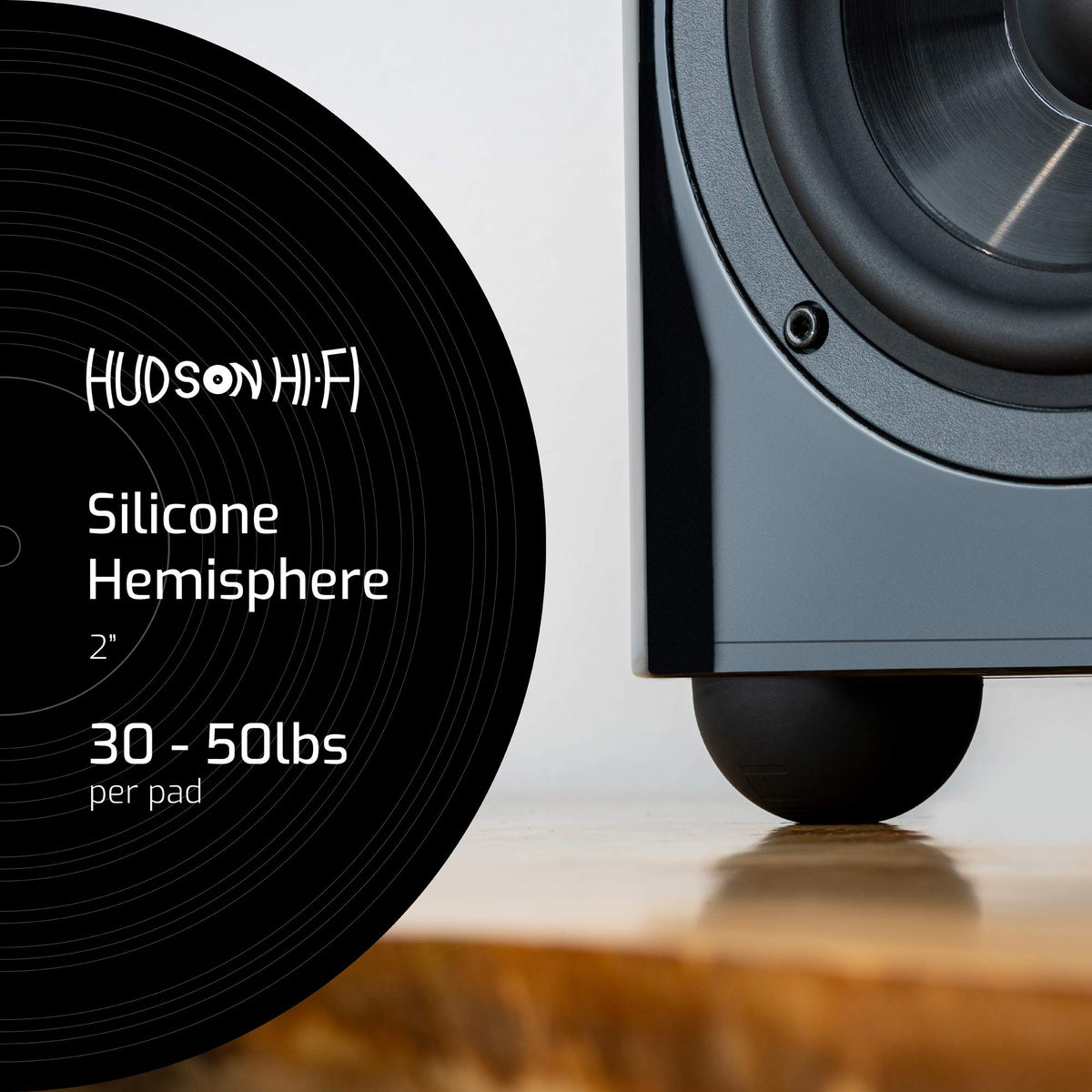 Hudson Hi-Fi non-skid adhesive pads prevent movement on a turntable setup.