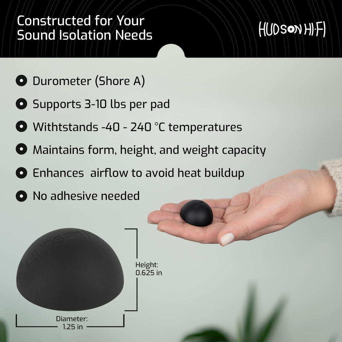 Hudson Hi-Fi adhesive amplifier feet protect surfaces while isolating.