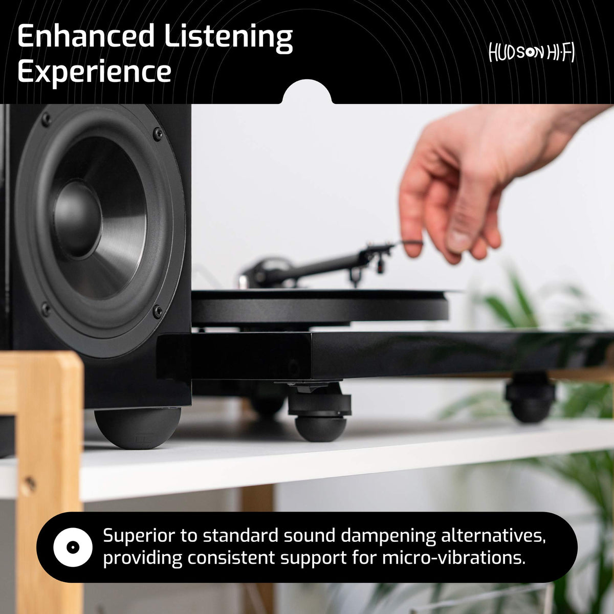 Hudson Hi-Fi adhesive pads offer quick, tool-free installation for audio gear.