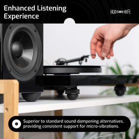 Hudson Hi-Fi adhesive pads offer quick, tool-free installation for audio gear.