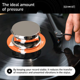 Hudson Hi‑Fi underside detail showing leather pad attachment for record protection