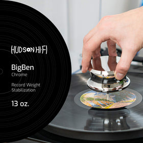 Hudson Hi‑Fi closeup of leather pad protecting record surface and reducing resonance