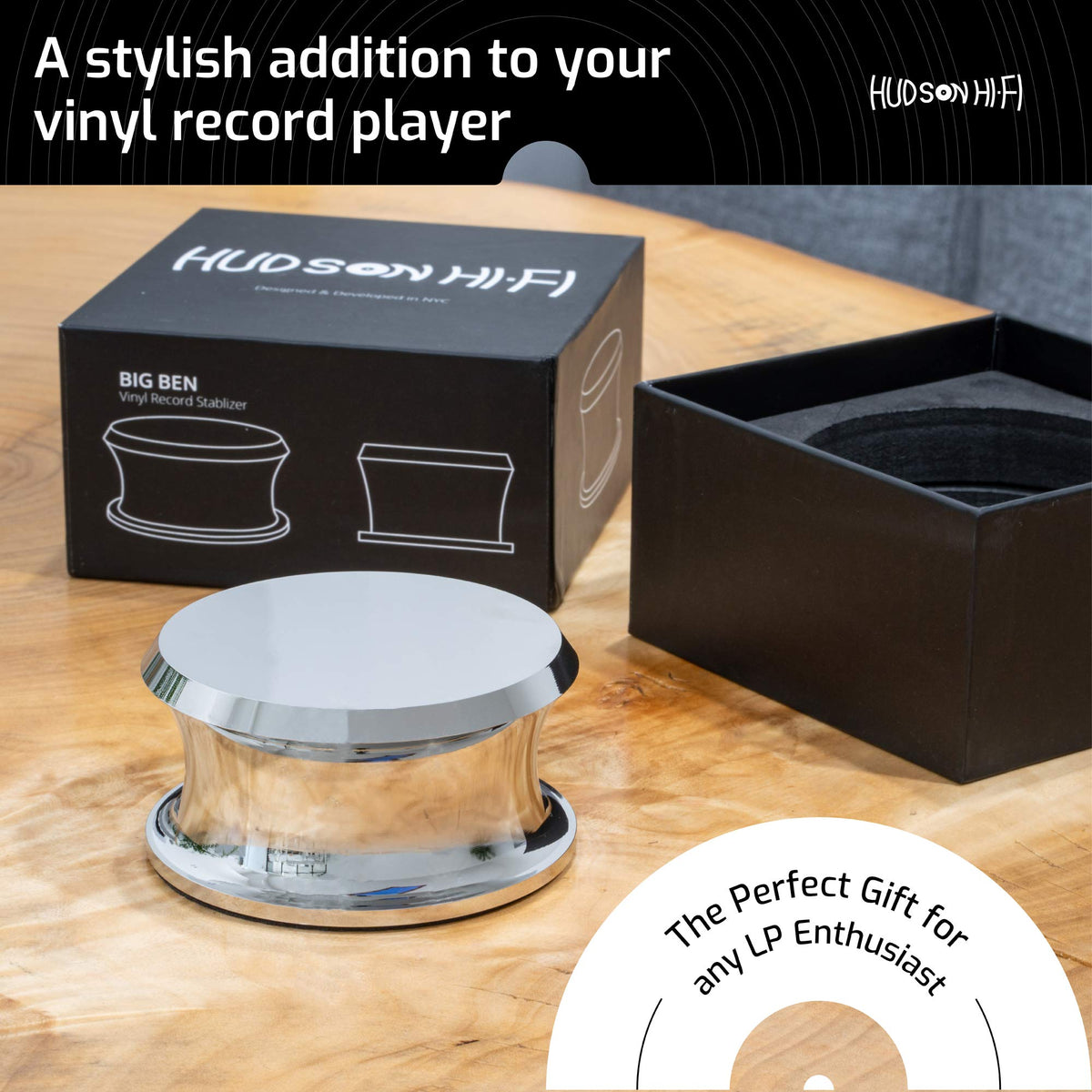 Hudson Hi‑Fi BigBen on turntable with dust cover demonstrating neat, low‑profile fit