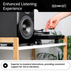Hudson Hi-Fi Block Silicone Isolation Feet with bonus dots enhance stability during loud listening sessions.