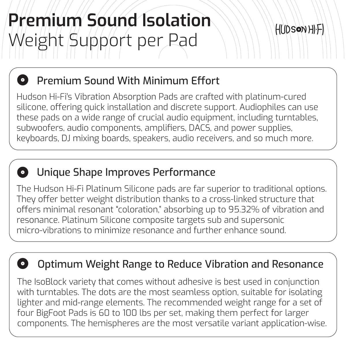Hudson Hi-Fi Block Silicone Isolation Feet provide a non-adhesive upgrade for diverse audio gear.