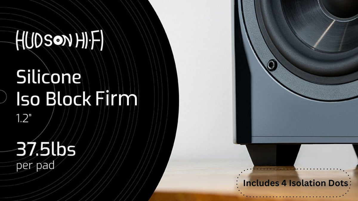 Hudson Hi-Fi Block Silicone Isolation Feet under a subwoofer reduce resonance and tighten bass.